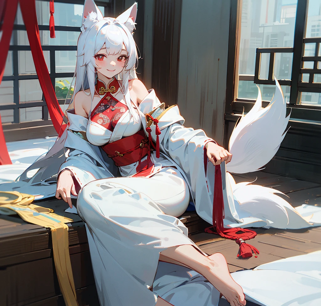 4K,masterpiece,best quality,Traditional Chinese ink painting,White hair, red pupils, fox ears and big breasts beauty,There is a white fox tail behind,barefoot,Wearing an ancient white robe,The robe has lace on it,Gold bells tied with red ropes on ankles and neck,Sitting gracefully on the bed by the window at dusk,Dress conservatively,Smile,Off-shoulder,No legs