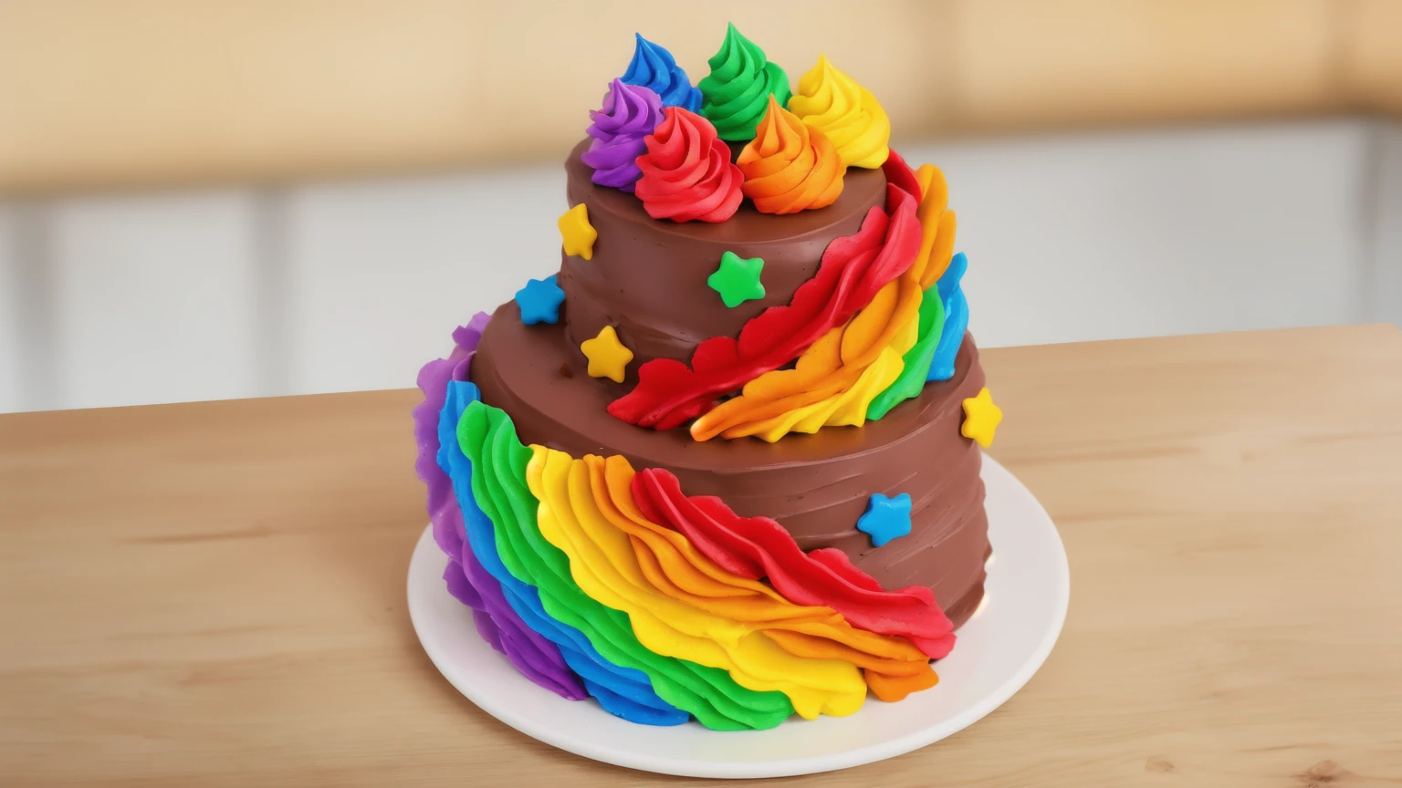 on a wooden table. there is a white plate. double tier chocolate cake ((chocolate cream texture, strokes of a pastry spatula)), rainbow cream in stitches, decorated with rainbow stars made of polymer clay, multi-colored cream on top ((cream highlights)), against the background of the kitchen, Beautiful light from the window, contour light, Multiple light sources, beautiful lighting, Bright light source, bright lighting, beautiful light sources, Multiple light sources, Realistic style , realistic texture, detailed texture, A high resolution, high quality, macro photography