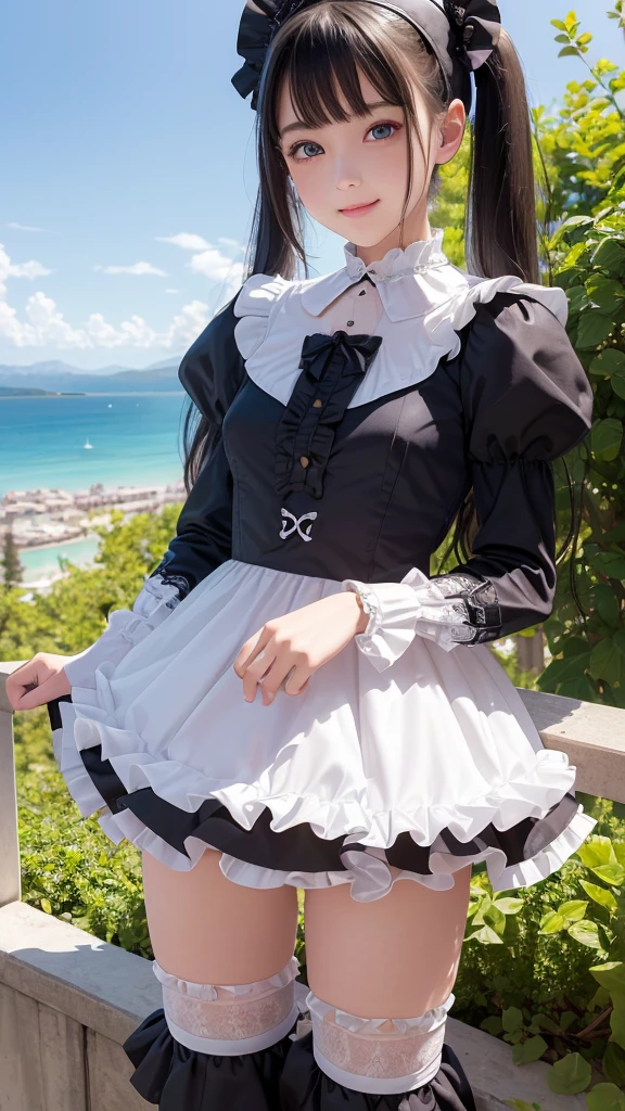 ((masterpiece)), ((highest quality、Ultra high definition)), (Very detailed),8K、Photo quality、((Amazingly cute girl)),( ), Two people, , (Beautiful emerald blue eyes), ((smile)),In the open-air bath overlooking the sea, Beautifully arranged black hair in twin tails、whole body、((Super high-end white see-through summer gothic lolita maid costA super mini skirt with lots of frills))、Professional Lighting、(White lace knee-highore detailed and beautiful)、(More details and cutenesore realistic)、(((Just wear light clothing)))、