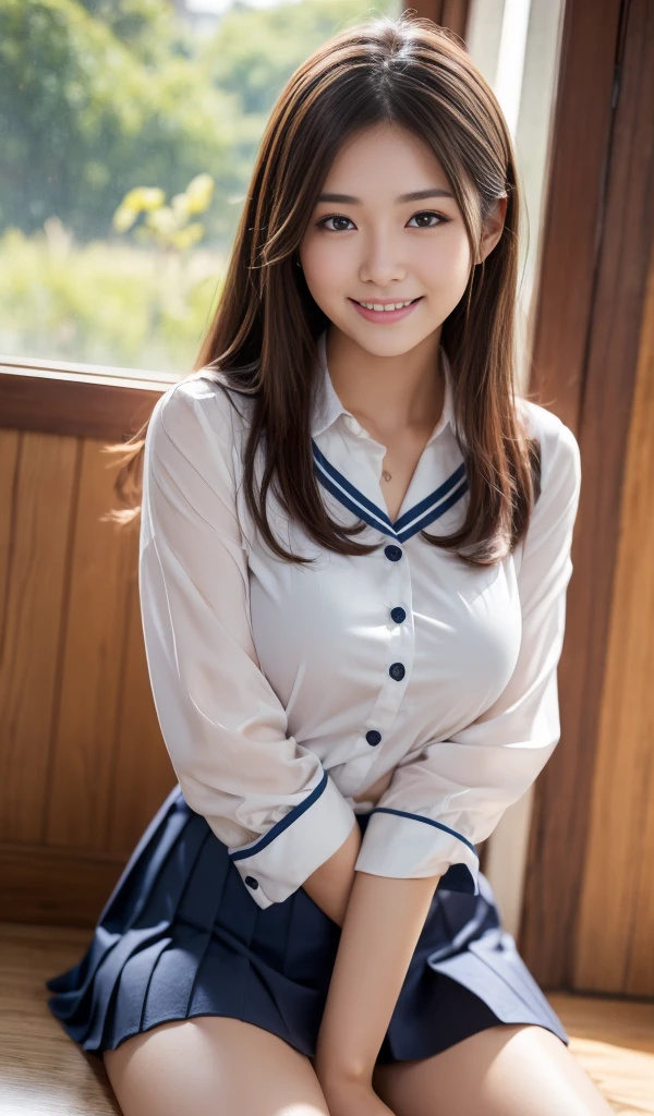 high quality, 最high quality, Realistic, RAW Photos, Realistic, Ultra-realistic 8K CG, Super detailed, High resolution, masterpiece, 1 Japanese girl, 18-year-old, Beautiful face of a woman, Soft Face, elegant, Long Hair, blue eyes, Intricate details, Detailed Texture, Fine details , Natural female body, sexy, Big breasts spilling out of the shirt、Very beautiful young woman、smiling、JK uniform、Ultra mini skirt、Full body shot down to the feet、In the middle of changing