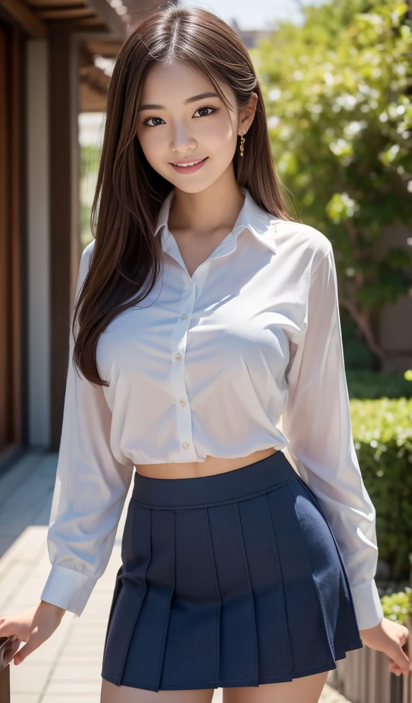 high quality, 最high quality, Realistic, RAW Photos, Realistic, Ultra-realistic 8K CG, Super detailed, High resolution, masterpiece, 1 Japanese girl, 18-year-old, Beautiful face of a woman, Soft Face, elegant, Long Hair, blue eyes, Intricate details, Detailed Texture, Fine details , Natural female body, sexy, Big breasts spilling out of the shirt、Very beautiful young woman、smiling、JK uniform、Ultra mini skirt、Full body shot down to the feet、In the middle of changing