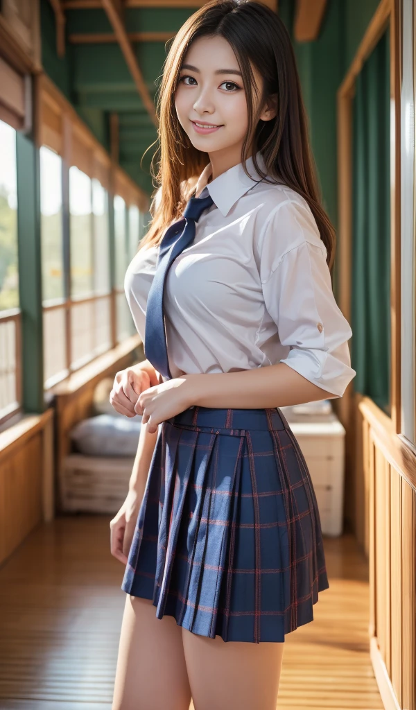 high quality, 最high quality, Realistic, RAW Photos, Realistic, Ultra-realistic 8K CG, Super detailed, High resolution, masterpiece, 1 Japanese girl, 18-year-old, Beautiful face of a woman, Soft Face, elegant, Long Hair, blue eyes, Intricate details, Detailed Texture, Fine details , Natural female body, sexy, Big breasts spilling out of the shirt、Very beautiful young woman、smiling、JK uniform、Ultra mini skirt、Full body shot down to the feet、In the middle of changing