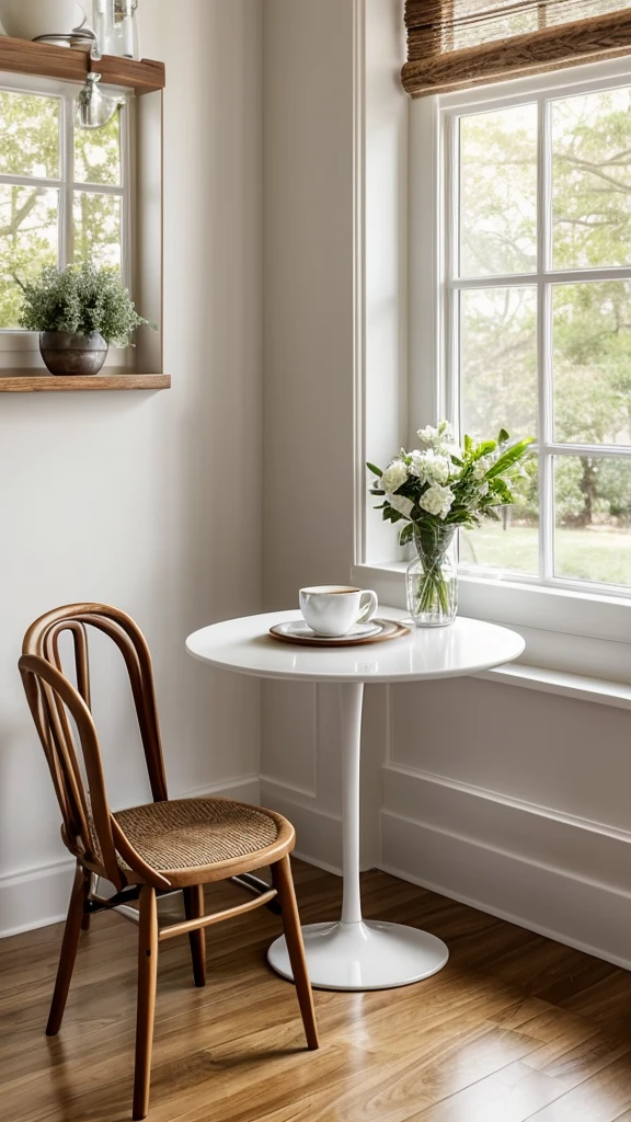 Generate an image of a cozy café table set next to a window. On the table, there's a beautifully crafted latte with latte art in a white cup and saucer, a glass of iced coffee with a red straw, and a plate with a slice of cake topped with whipped cream. The table is round and white, creating a clean and elegant setting. The background includes a window with soft daylight streaming in, casting a warm and inviting glow over the scene. The atmosphere is relaxed, perfect for a quiet coffee break.