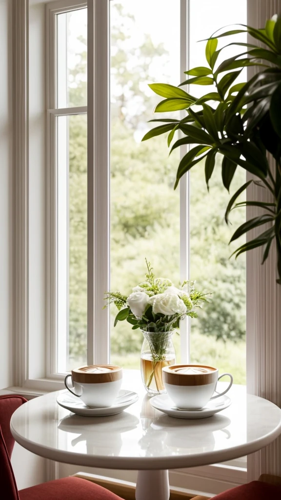 Generate an image of a cozy café table set next to a window. On the table, there's a beautifully crafted latte with latte art in a white cup and saucer, a glass of iced coffee with a red straw, and a plate with a slice of cake topped with whipped cream. The table is round and white, creating a clean and elegant setting. The background includes a window with soft daylight streaming in, casting a warm and inviting glow over the scene. The atmosphere is relaxed, perfect for a quiet coffee break.