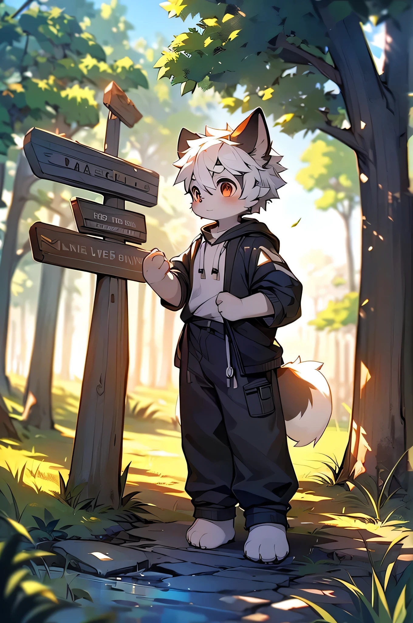 Libido boy,furry wolf,((shota)), Black and white hair, Very good figure, Handsome,adolable, Light:Extreme light and shadow, Reflective skin,Reddish skin,((worn-out clothing,Commoner)) ,((grassy fields,Stone path,Signs,baiyun,solo,solo person)),Outdoor sunset,((the detail)),(depth of fields),standing on your feet