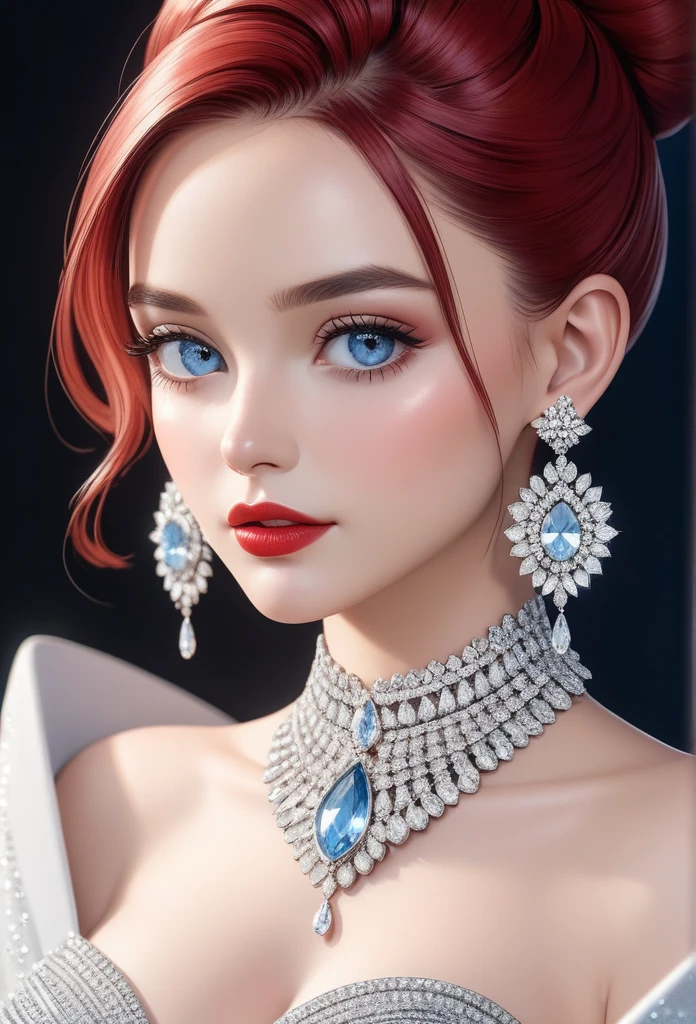 (masterpiece, best quality), intricate details, , a beautiful woman wearing earrings, inspired by Emma Andijewska, draped in crystals, silver color, long earrings, sandra chevier, huge earrings, 2019, blue-eyed, platinum jewellery, earring, flawless structure, silver earring,  huge breasts ,red lipstick, bracelet, necklace, single hair bun,red hair , strapless dress,full body view,