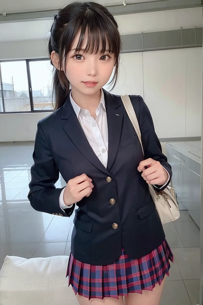 One Girl、14 years old、teen,((uniform、blazer)),((Background is a junior high school classroom))、high quality、Very delicate and beautiful、((Very short bangs))、((Bangs))、Shiny, silky black hair、最high quality、Very delicate and beautiful、((ponytail))、Cute face、Young face、Cute like an idol、Are thin、Slim figure、slender、Short、 System、、smile、Checked Skirt、Thighs、Photographed from the front、bag、Are standing、