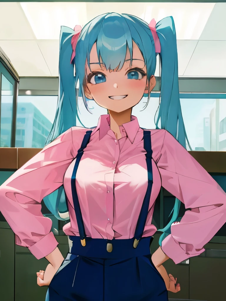 woman, 20 years old, light blue hair, pigtails, pink shirt, long sleeves, suspenders, office building, looking at viewer, grin, breasts, hands on hips