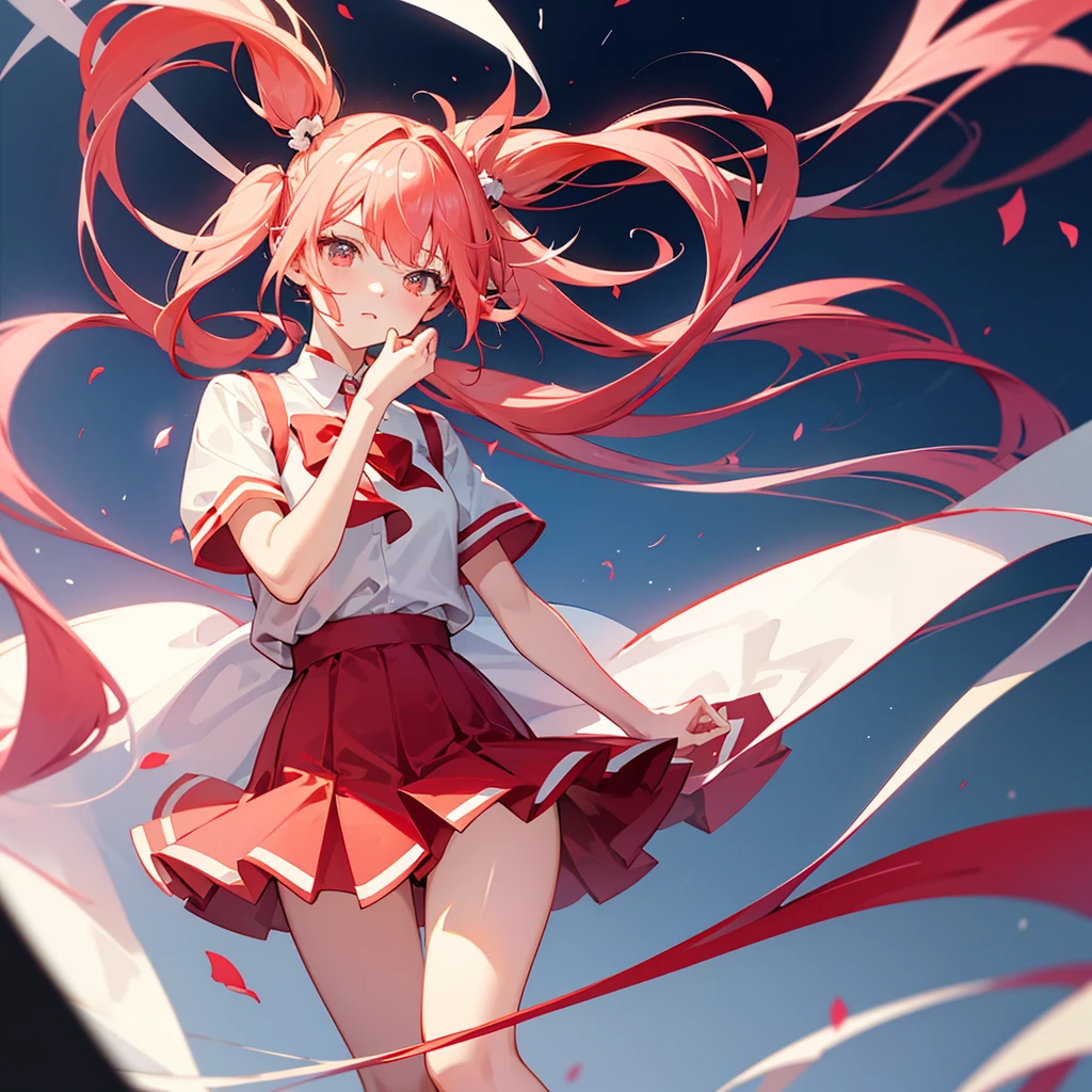 Beautiful girl, short skirt, Anime, red and white gradient hair,Twin Tail, girl&#39;s clothes match her hair color, 3D good quality.