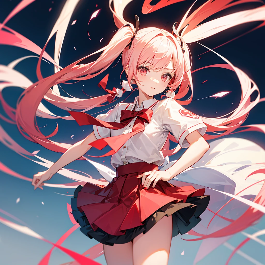 Beautiful girl, short skirt, Anime, red and white gradient hair,Twin Tail, girl's clothes match her hair color, 3D good quality.