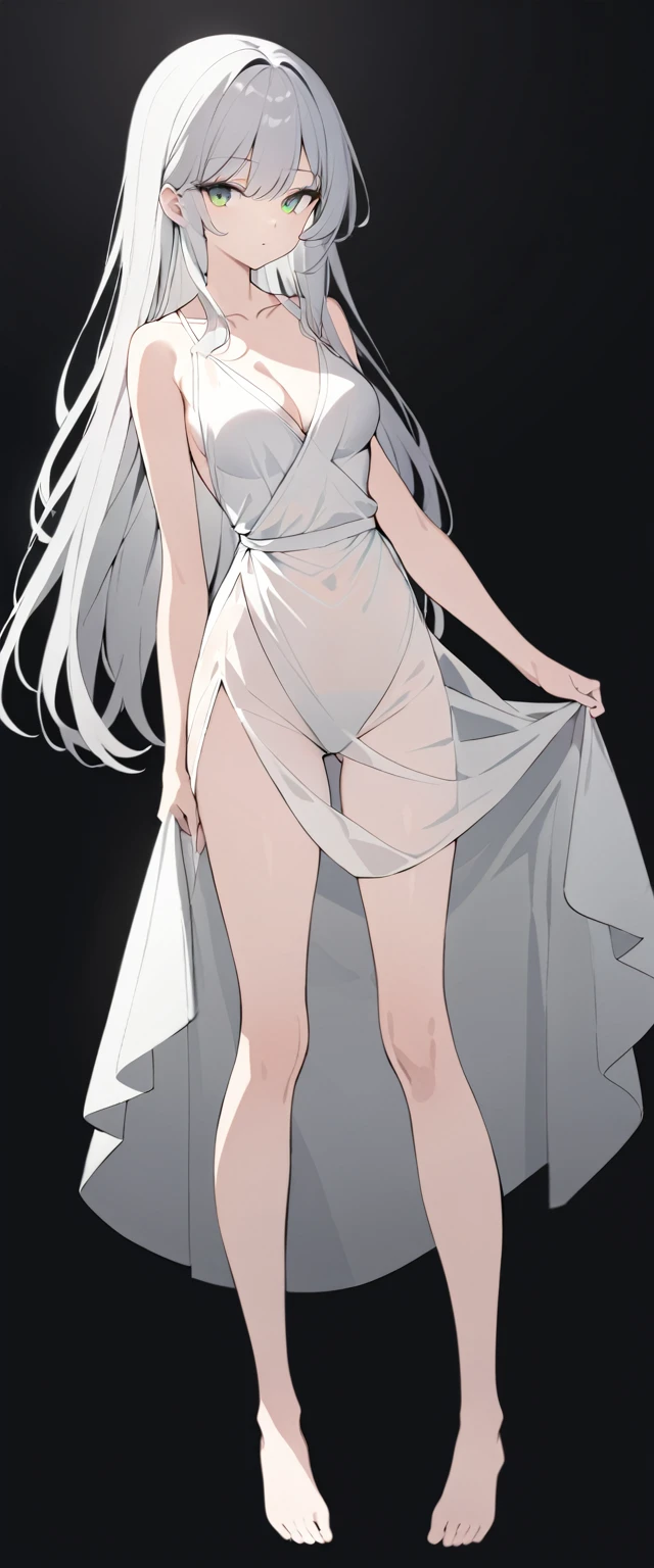 1woman,solo,silver hair, long hair, green eyes,White transparent long sheer silk wrap 
 dress,collarbone,crotch,barefoot,medium breasts,standing,full body,front view,black background,simple background,masterpiece, best quality, very aesthetic, absurdres