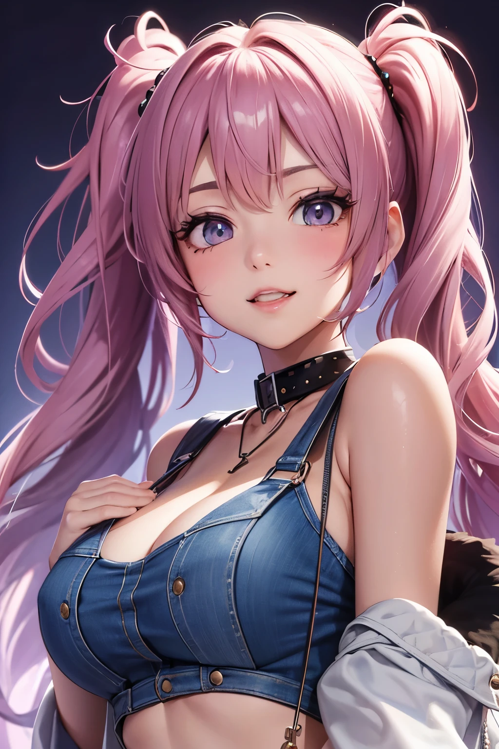 masterpiece, best quality, highly detailed, high resolution, expensive resolution, high resolution, 4k, 8k, uniform 8k wallpaper, highly detailed CG, masterpiece, 2d, 3d, beautiful details, depth, fine texture, best quality: 1.3, perfectly focused, crispy. skin, him, very cute anime girl, name is Mei, short twintails, idol, tank top, denim mini skirt, pink short twintails wearing expensive, mole under eye, looking at the viewer, expensive, blush, mole, parted lips, pink eyes, heart shaped choker, smiling face