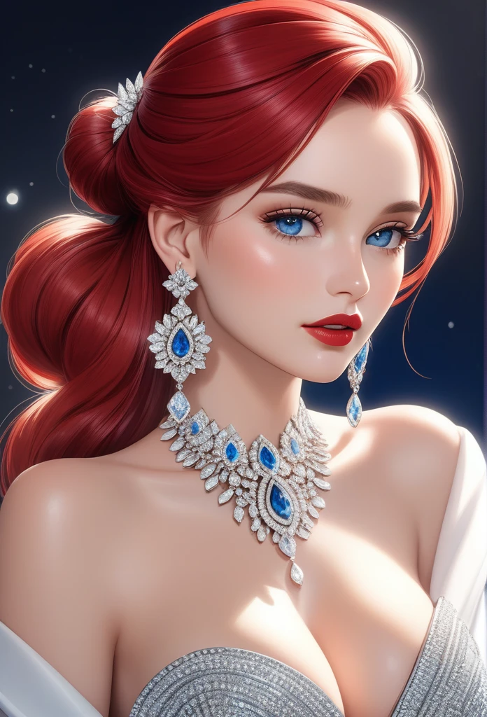 (masterpiece, best quality), intricate details, , a beautiful woman wearing earrings, inspired by Emma Andijewska, draped in crystals, silver color, long earrings, sandra chevier, huge earrings, 2019, blue-eyed, platinum jewellery, earring, flawless structure, silver earring, huge breasts ,red lipstick, bracelet, necklace, single hair bun,red hair , strapless dress,full body view,