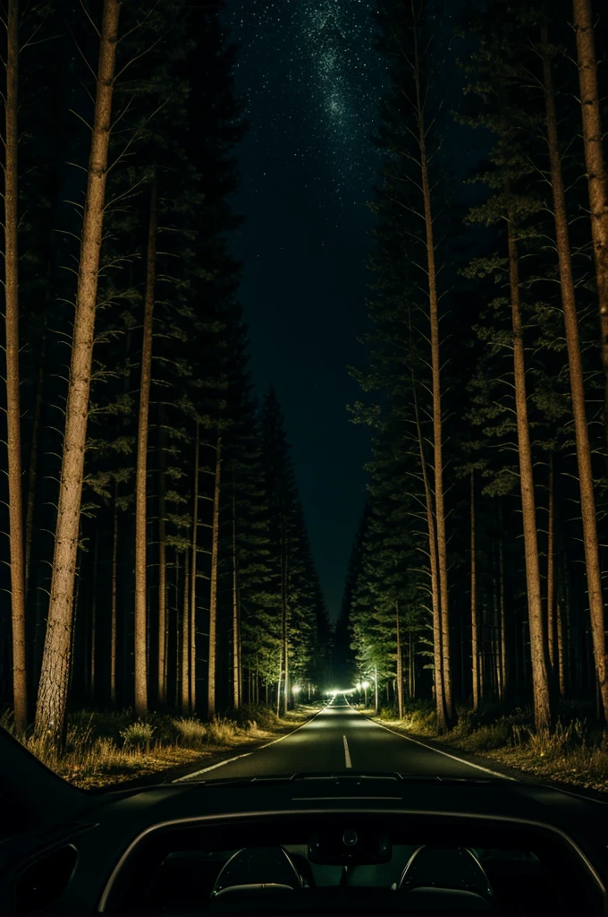Dark forest at night seen from the windshield of a car, paint