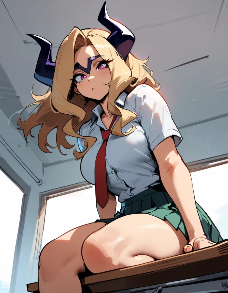 1girl, mount lady, boku no hero academia \\\\\ masterpiece, best quality, very aesthetic, absurdres, newest \\\\\\ sportive body, \\\\\\ by dodok, nyantcha, cutesexyrobutts, by khyle ///// blonde, purple eyes, (school uniform:1.2), skirt, , 24 years old, white background,tie,sit on desk, below view,