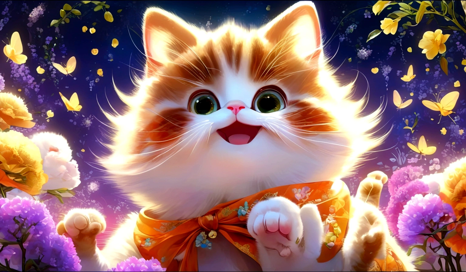 Anime Cat ,dance,Has a happy expression,Beautiful natural light at night time,Cat-focused movies, Dynamic pose, Dynamic Background, Dynamic configuration, Dynamic Lighting, Realistic proportions, High resolution, Ray Tracing, Very detailed, Super detailed, Intricate details, Very detailed雰囲気, Very detailedテクスチャ.