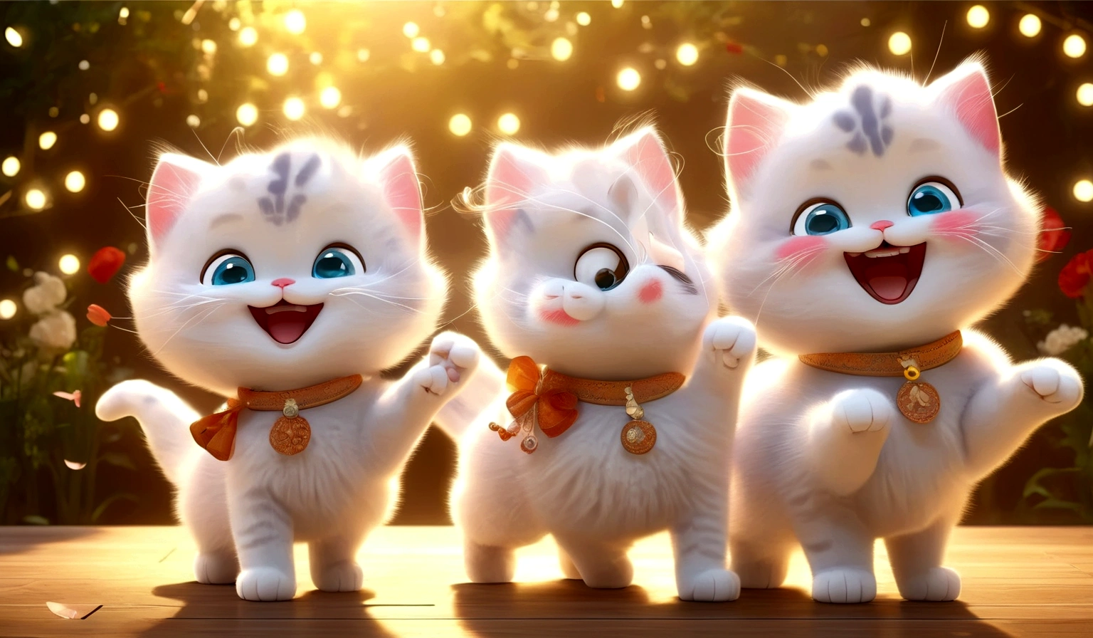 Anime Cat ,dance,Has a happy expression,Beautiful natural light at night time,Cat-focused movies, Dynamic pose, Dynamic Background, Dynamic configuration, Dynamic Lighting, Realistic proportions, High resolution, Ray Tracing, Very detailed, Super detailed, Intricate details, Very detailed雰囲気, Very detailedテクスチャ.