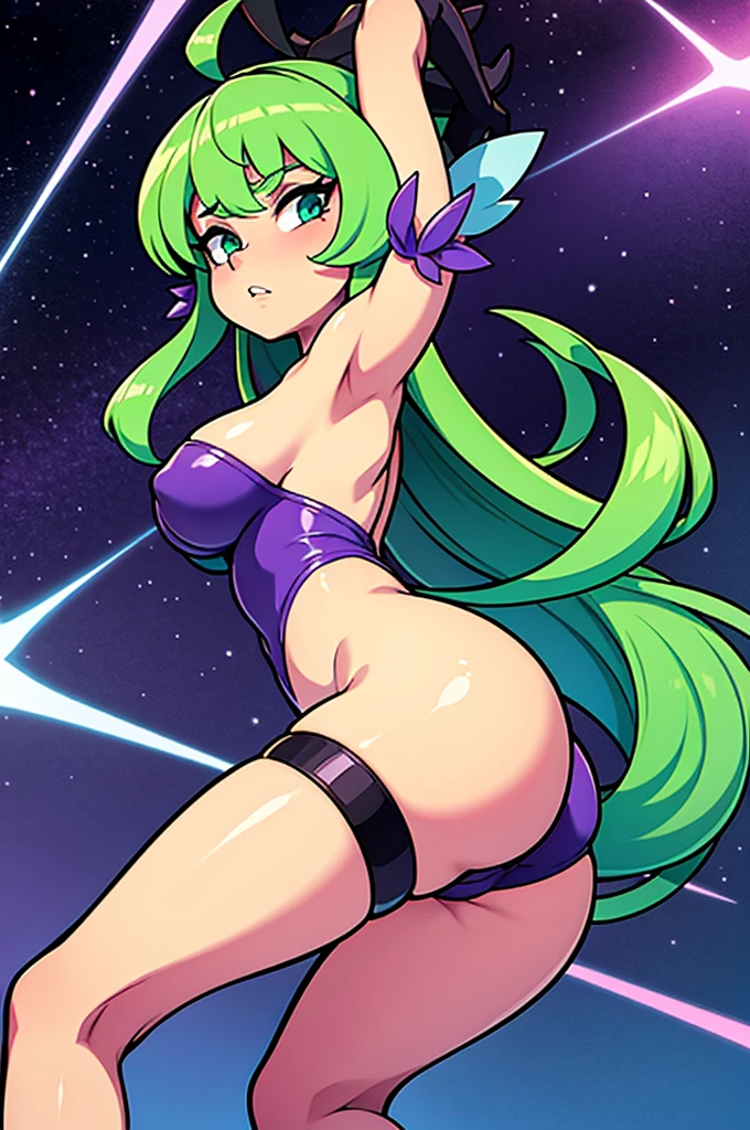 very beautiful and sensual star goddesses facing destiny with a camehame-ha. ((purple vs green color power))