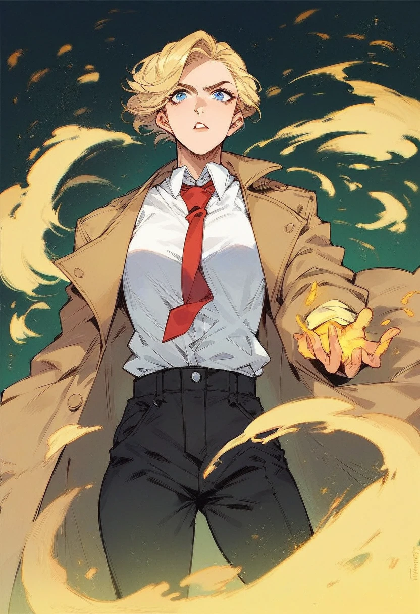 female John Constantine, blonde hair, blue eyes, trench coat, red tie, yellow magic, white button up shirt, black pants