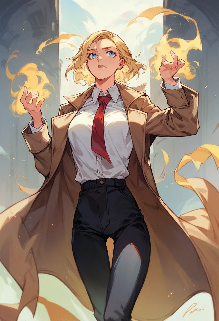 female John Constantine, blonde hair, blue eyes, trench coat, red tie, yellow magic, white button up shirt, black pants