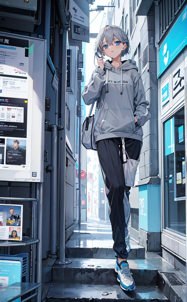 Girl,flat chest,Dissemination,Gray Hair,Grey Hoodie,Blue Eyes,trousers,Technology,Brighter colors。