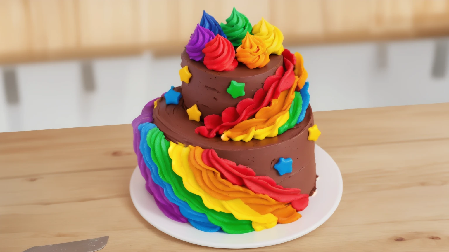 on a wooden table. there is a white plate. double tier chocolate cake ((chocolate cream texture, strokes of a pastry spatula)), rainbow cream in stitches, decorated with rainbow stars made of polymer clay, multi-colored cream on top ((cream highlights)), against the background of the kitchen, Beautiful light from the window, contour light, Multiple light sources, beautiful lighting, Bright light source, bright lighting, beautiful light sources, Multiple light sources, Realistic style , realistic texture, detailed texture, A high resolution, high quality, macro photography