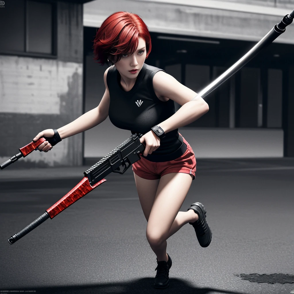 Combat Actions, Holding Weapons, Full Body,RED SHORT HAIR, Super Sexy ,ultra-detailed, ((High resolution)),((high detailed))