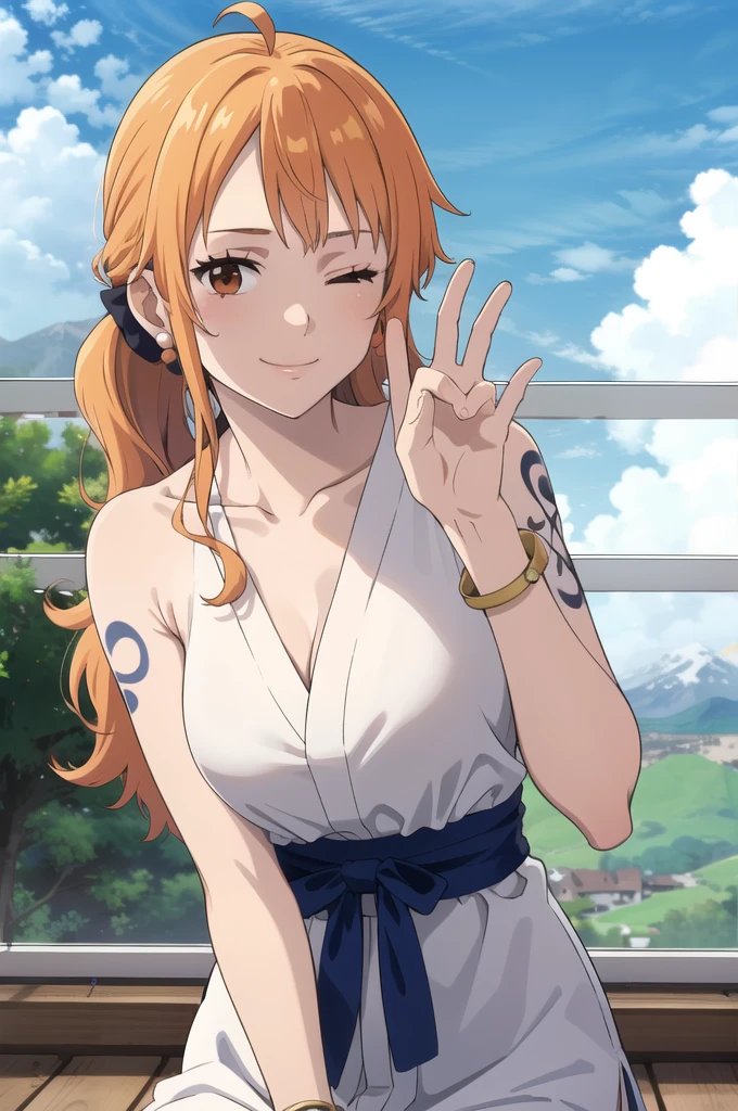 2d, masterpiece, best quality, anime, highly detailed face, highly detailed background, perfect lighting, wano, nami, 1girl, solo, one eye closed, long hair, smile, jewelry, sash,, obi, orange hair, , bow, naked nude, flower, flower print, earrings, looking at viewer, sleeveless all naked nude ahoge, ribbon, hair bow, sky, day, bracelet, sleeveless, ;\), blue bow, outdoors, breasts, cloud, closed mouth, ponytail, blue sky, brown eyes, orange eyes, left shoulder tattoo, bare shoulders, very long hair, sidelocks, bangs, collarbone, upper body, left arm tattoo, bare arms, blurry, hand gesture naked , medium breasts, blurry background, large breasts, eyelashes, mountain, parody, cloudy sky, sitting, shiny hair, bangle, wavy hair, naked nude