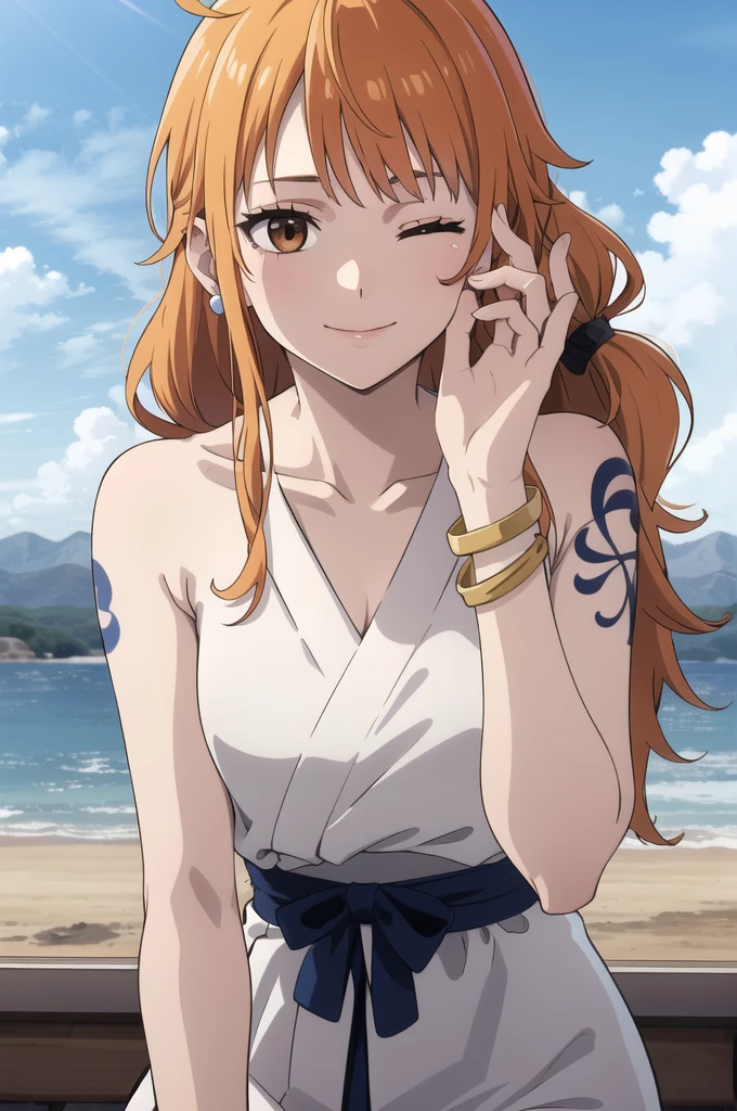 2d, masterpiece, best quality, anime, highly detailed face, highly detailed background, perfect lighting, wano, nami, 1girl, solo, one eye closed, long hair, smile, jewelry, sash,, obi, orange hair, , bow,  naked nude, flower, flower print, earrings, looking at viewer, sleeveless all naked nude ahoge, ribbon, hair bow, sky, day, bracelet, sleeveless, ;\), blue bow, outdoors, breasts, cloud, closed mouth, ponytail, blue sky, brown eyes, orange eyes, left shoulder tattoo, bare shoulders, very long hair, sidelocks, bangs, collarbone, upper body, left arm tattoo, bare arms, blurry, hand gesture naked , medium breasts, blurry background, large breasts, eyelashes, mountain, parody, cloudy sky, sitting, shiny hair, bangle, wavy hair, naked nude