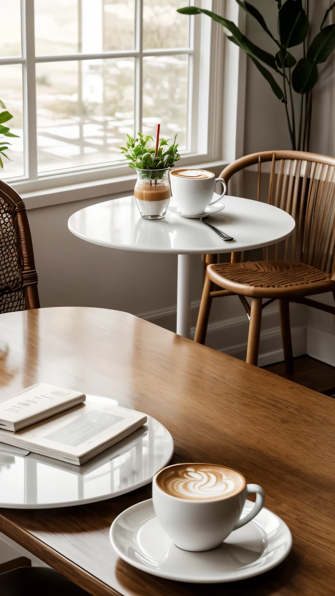 Generate an image of a cozy café table set next to a window. On the table, there's a beautifully crafted latte with latte art in a white cup and saucer, a glass of iced coffee with a red straw, and a plate with a slice of cake topped with whipped cream. The table is round and white, creating a clean and elegant setting. The background includes a window with soft daylight streaming in, casting a warm and inviting glow over the scene. The atmosphere is relaxed, perfect for a quiet coffee break.