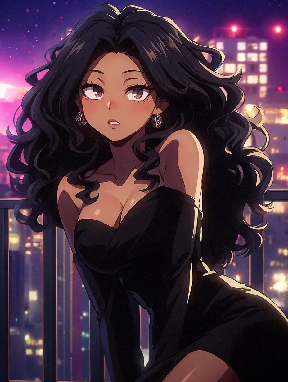 screenshot anime boku no hero academia indigenous young woman, dark skin color, long curly black hair,light brown and lined eyes, pink lips, whole body,tight black dress, soft look and open lips, blushing cheeks,balcony background at night