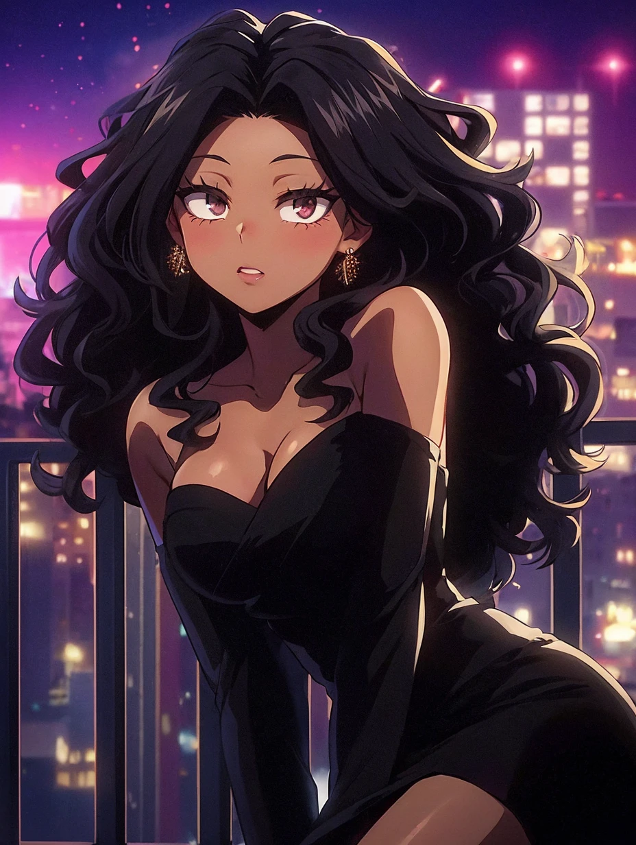 screenshot anime boku no hero academia indigenous young woman, dark skin color, long curly black hair,light brown and lined eyes, pink lips, whole body,tight black dress, soft look and open lips, blushing cheeks,balcony background at night