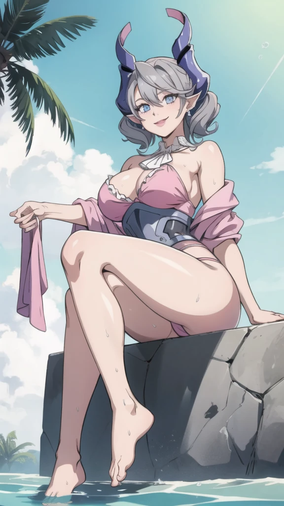 Matched background High level image quality best image quality 8K adult woman pool party rain palm trees more colors whole body view portrait bikini horn ears short hair((shortcut)(gray hair)(perm)(fluffy)) eye color is blue , , attractive evil face , smile , sexy pose , labrynth , barearm , teasing , wearing pink robe , all wet , view foot arc , view from below