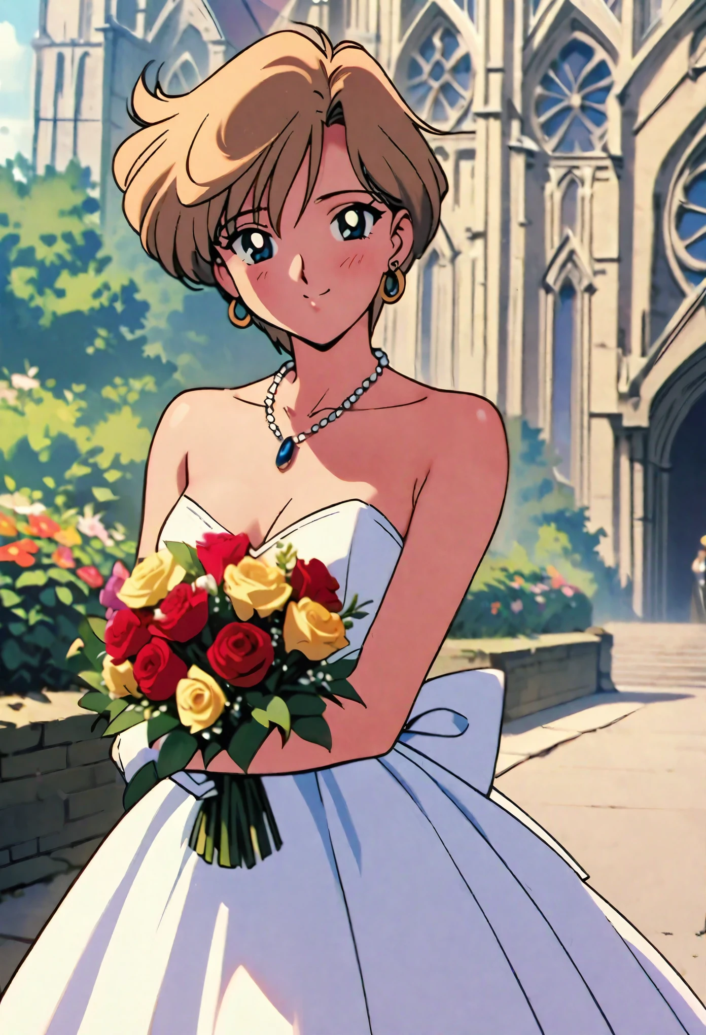 masterpiece,best quality,very aesthetic,absurdres,1990s \(style\),1girl,solo,Sailor Uranus XL,blue eyes,short hair,very short hair,blonde hair,wedding dress,cathedral,outdoors,necklace,earrings,holding bouquet,multicolored  flower,smile,