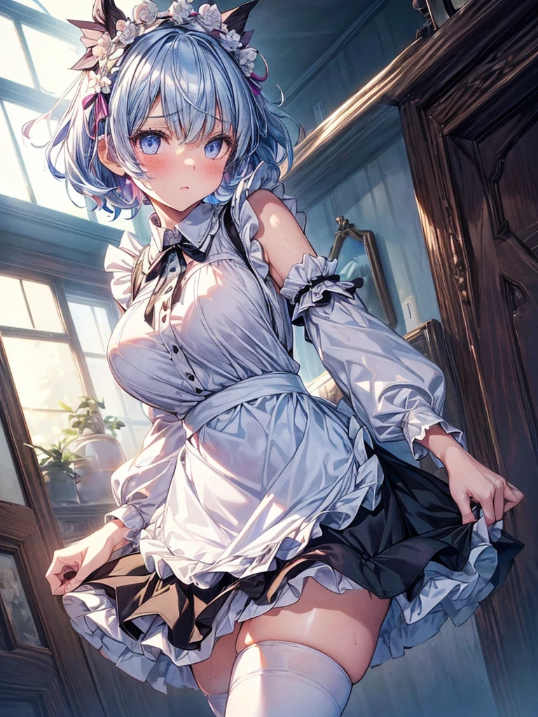 (1girl, NSFW, neferpitou, beautiful girl, beautiful face ((neferpitou)), look at viewer, humiliated, front face, rem, blue eyes, blue hair, hair ornament, hair over one eye, hair ribbon, short hair, x hair ornament
apron, black ribbon, black skirt, black sleeves, detached collar, detached sleeves, flower, frilled apron, frilled skirt, frills, head wreath, long sleeves, maid, miniskirt, neck ribbon, purple ribbon, ribbon, ribbon trim, ribbon-trimmed sleeves, roswaal mansion maid uniform, short hair, skirt, thighhighs, waist apron, white apron, white thighhighs,, huge ass, wide hips, large breasts, blush, sweat, realistic, huge breasts), (beautiful, masterpiece, super detailed, perfect lighting, shiny), (white wall, low angle, 