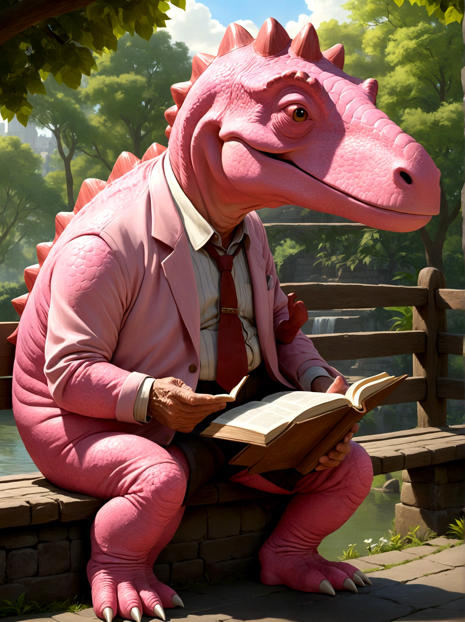 A scene showcasing a charming and amiable pink dinosaur-themed character with the demeanor of an old grandfather, This pink dinosaur is characterized by his wrinkled skin and a friendly smile on his face, looking as though he's full of stories from a time long past, He carries an air of sweetness and gentleness, inviting the viewer into the peaceful ambience of his presence, He could be seen sitting casually on a park bench or in a rocking chair, perhaps with a pair of reading glasses perched on the bridge of his nose, the sunlight gently falling on his ancient, hearty body