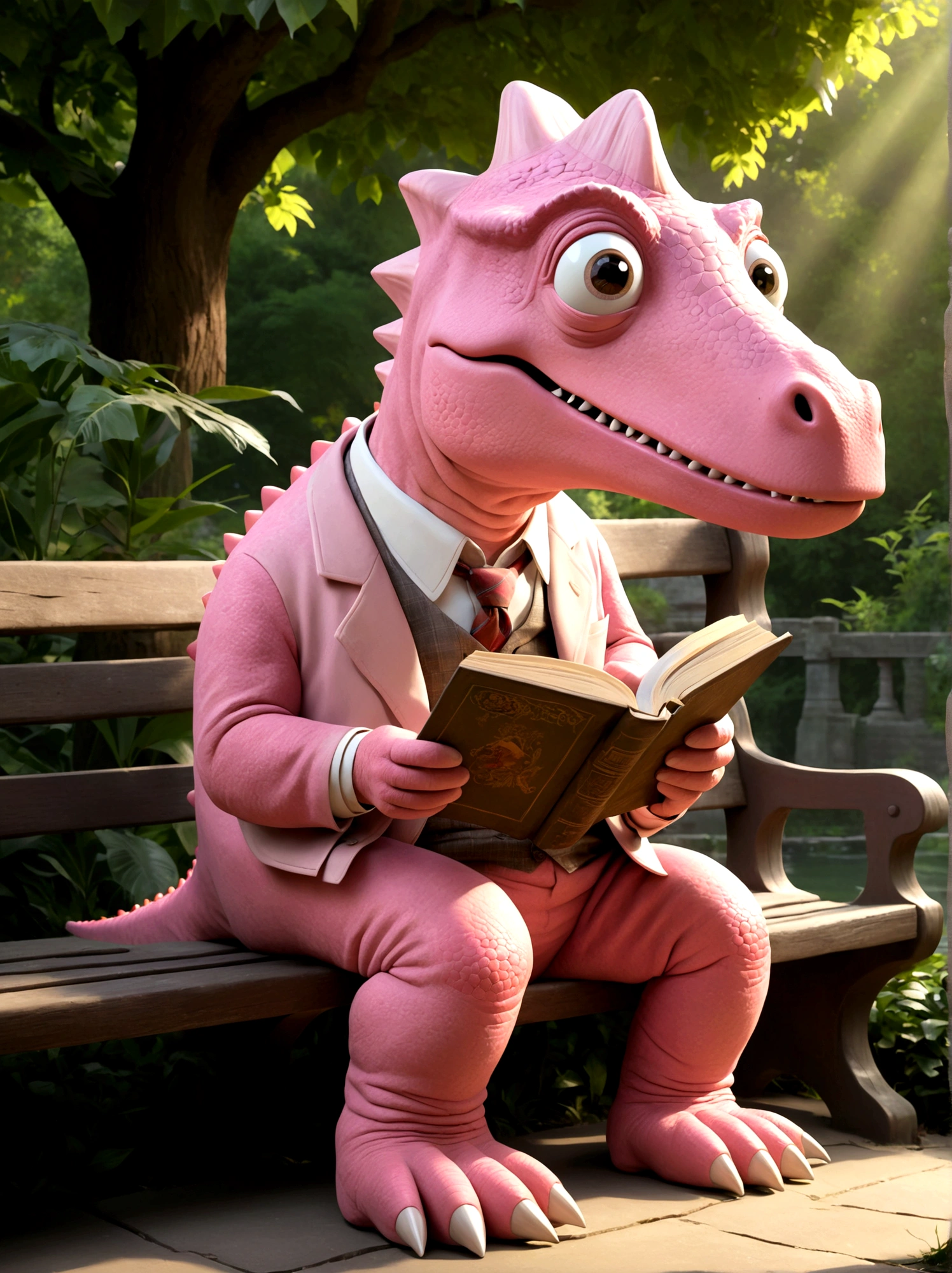 A scene showcasing a charming and amiable pink dinosaur-themed character with the demeanor of an old grandfather, This pink dinosaur is characterized by his wrinkled skin and a friendly smile on his face, looking as though he's full of stories from a time long past, He carries an air of sweetness and gentleness, inviting the viewer into the peaceful ambience of his presence, He could be seen sitting casually on a park bench or in a rocking chair, perhaps with a pair of reading glasses perched on the bridge of his nose, the sunlight gently falling on his ancient, hearty body