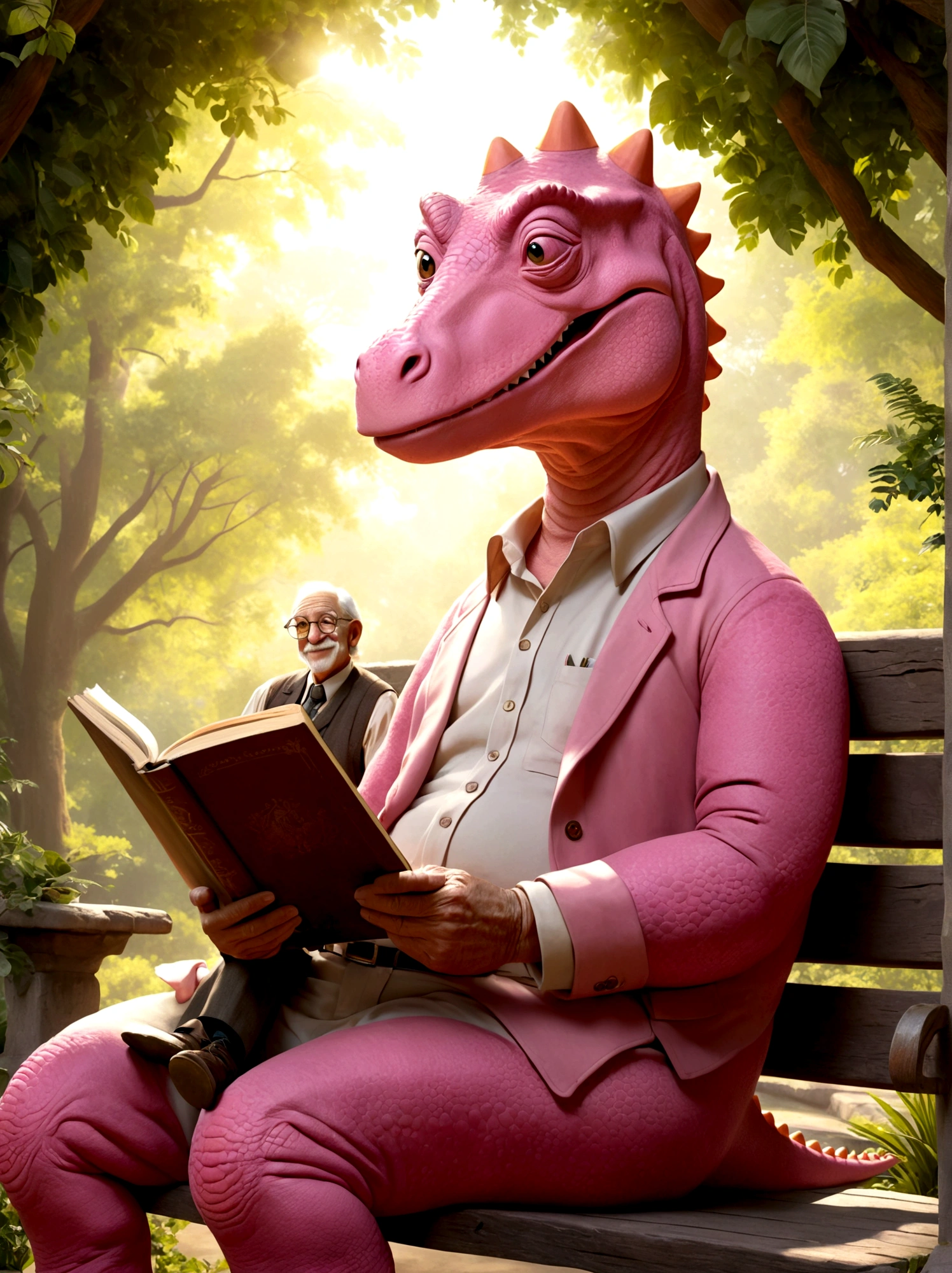 A scene showcasing a charming and amiable pink dinosaur-themed character with the demeanor of an old grandfather, This pink dinosaur is characterized by his wrinkled skin and a friendly smile on his face, looking as though he's full of stories from a time long past, He carries an air of sweetness and gentleness, inviting the viewer into the peaceful ambience of his presence, He could be seen sitting casually on a park bench or in a rocking chair, perhaps with a pair of reading glasses perched on the bridge of his nose, the sunlight gently falling on his ancient, hearty body