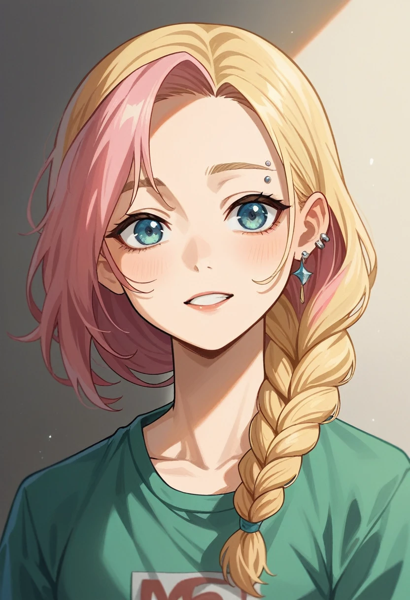 cute blonde 18 year old blonde girl with pink hair in her room, with her left eyebrow pierced innocent looking, pink hair, braided ponytail, blonde hair, depth of field, film grain, 135mm, UHD, 1080P, HD, 4K, 8k, highres, award winning, best quality, high quality, high details, textured skin, super detail, anatomically correct