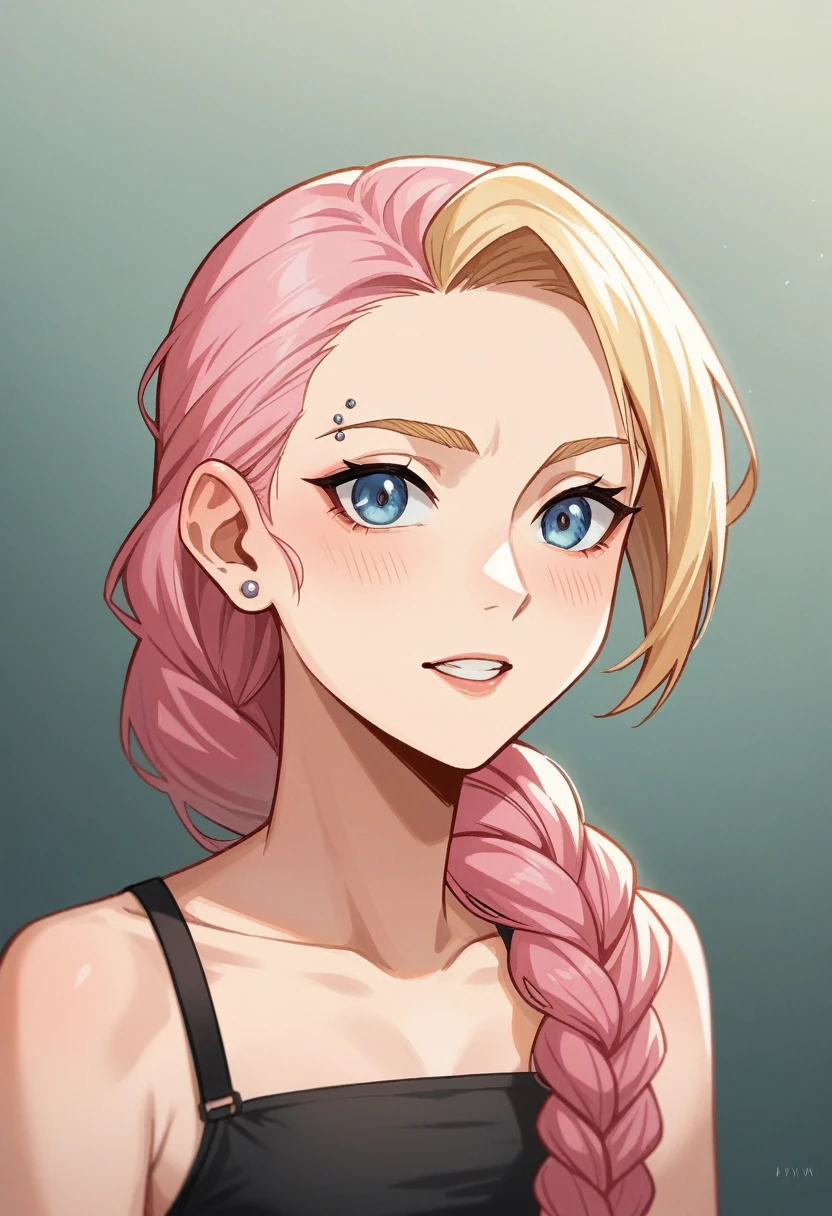 cute blonde 18 year old blonde girl with pink hair in her room, with her left eyebrow pierced innocent looking, pink hair, braided ponytail, blonde hair, depth of field, film grain, 135mm, UHD, 1080P, HD, 4K, 8k, highres, award winning, best quality, high quality, high details, textured skin, super detail, anatomically correct