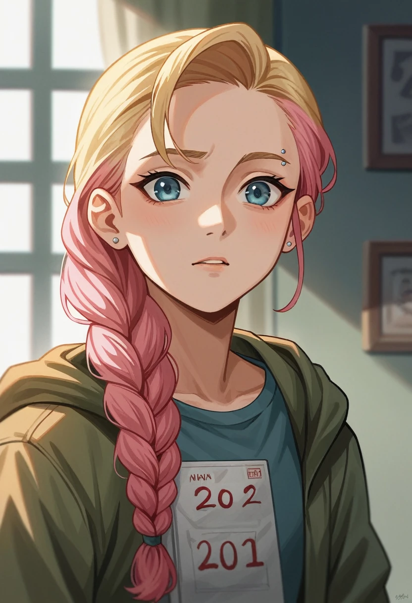 cute blonde 18 year old blonde girl with pink hair in her room, with her left eyebrow pierced innocent looking, pink hair, braided ponytail, blonde hair, depth of field, film grain, 135mm, UHD, 1080P, HD, 4K, 8k, highres, award winning, best quality, high quality, high details, textured skin, super detail, anatomically correct