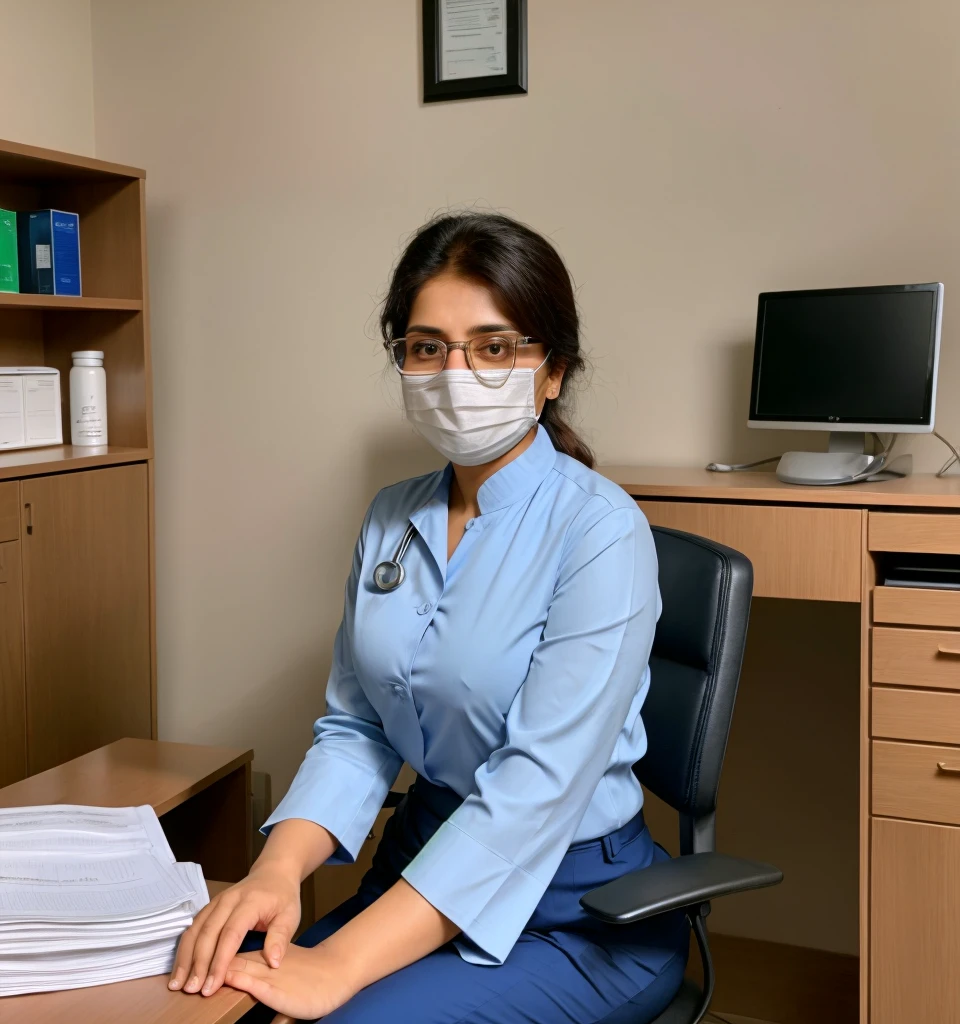 "A Pakistani lady doctor sitting at her desk with straight body postures and chair in her clinic, wearing Cort and pant ,looking straight at the camera with an expression of readiness to speak, professional and composed, traditional beauty, confident and serene, surrounded by medical files and equipment like medicine and wearing stethoscope , medical machine , modern and well-organized clinic, exuding warmth and intelligence,