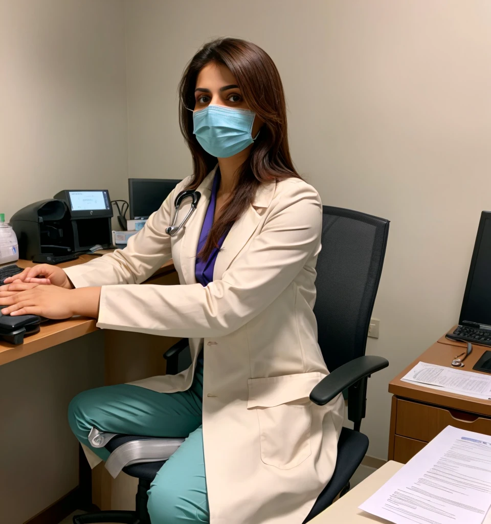 "A Pakistani lady doctor sitting at her desk with straight body postures and chair in her clinic, wearing Cort and pant ,looking straight at the camera with an expression of readiness to speak, professional and composed, traditional beauty, confident and serene, surrounded by medical files and equipment like medicine and wearing stethoscope , medical machine , modern and well-organized clinic, exuding warmth and intelligence,