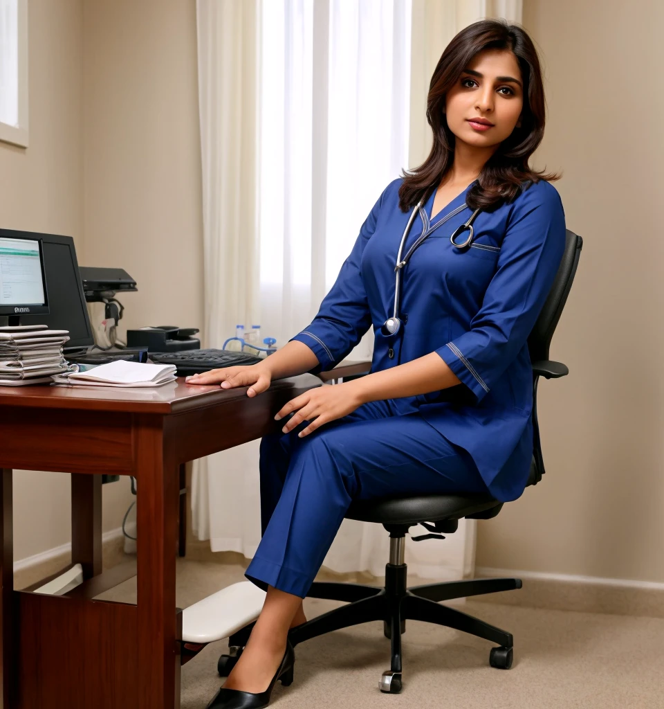 "A Pakistani lady doctor sitting at her desk with straight body postures and chair in her clinic, wearing Cort and pant ,looking straight at the camera with an expression of readiness to speak, professional and composed, traditional beauty, confident and serene, surrounded by medical files and equipment like medicine and wearing stethoscope , medical machine , modern and well-organized clinic, exuding warmth and intelligence,