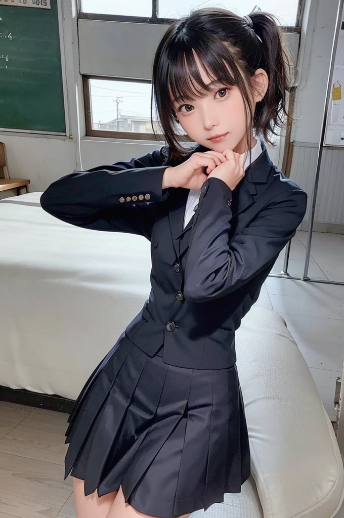 One Girl、14 years old、teen,((uniform、blazer)),((Background is a junior high school classroom))、high quality、Very delicate and beautiful、((Very short bangs))、((Bangs))、Shiny, silky black hair、最high quality、Very delicate and beautiful、((ponytail))、Cute face、Young face、Cute like an idol、Are thin、Slim figure、slender、Short、 System、Checked Skirt、Thighs、Photographed from the front、bag、Are standing、The best smile、