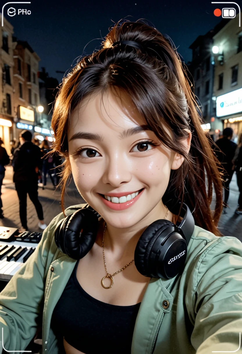 (1 girl、A dark-haired、straight haired、ponytail, hair adornments、ssmile、A smile、、cute face)、sage jacket、crop top, Black pants、full body Esbian、camera view、Turntables on both sides of the mixer console、masterpiece、top-quality、nffsw、Portrait with headphones around the neck(((Play the keyboard)))、The audience gets excited、stage, score_9,score_8_up,score_7_up,fine details in everything,KOREAN, selfie photo, portrait,(shadows:1.4),night,Dark Alleyways,o-ring, keyboardist