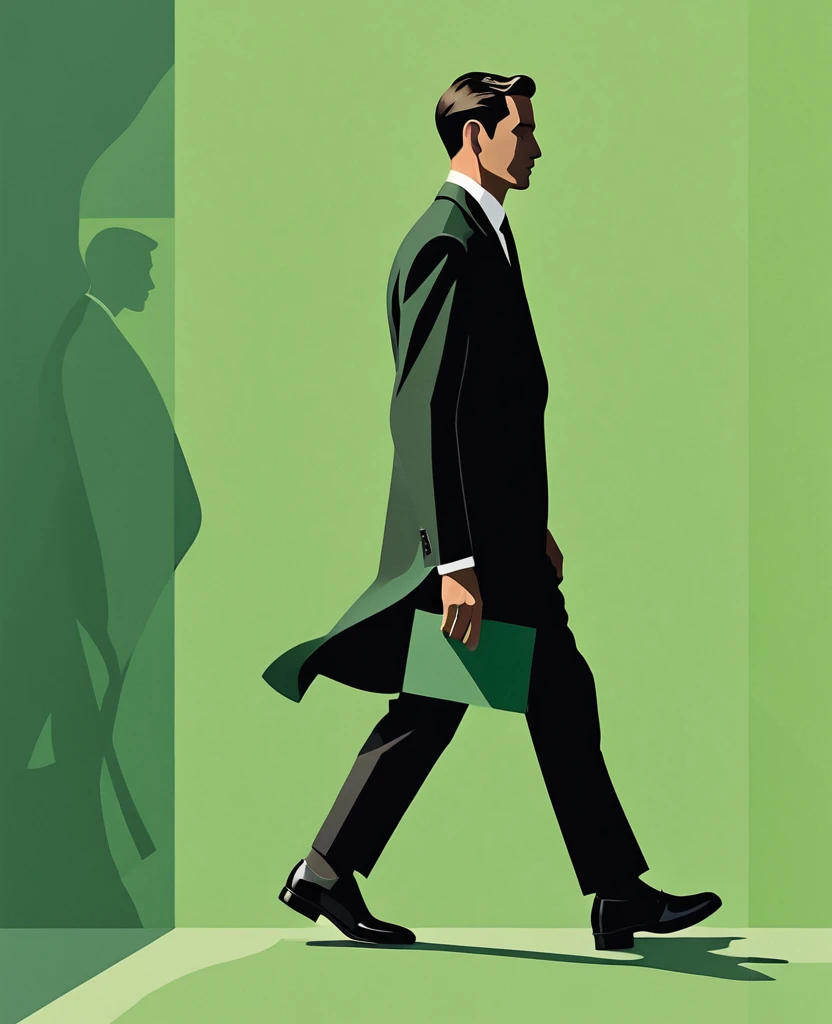 An vector illustration of an elegant man walking, seen from the side, his shadow reflected on a green background, using simple shapes, in a minimalistic style, using only black and dark gray colors, in the style of John Holcroft for an Aesthetic Abstract poster designed by Rie C. vibes, grainy texture, paper cutouts, muted color palette