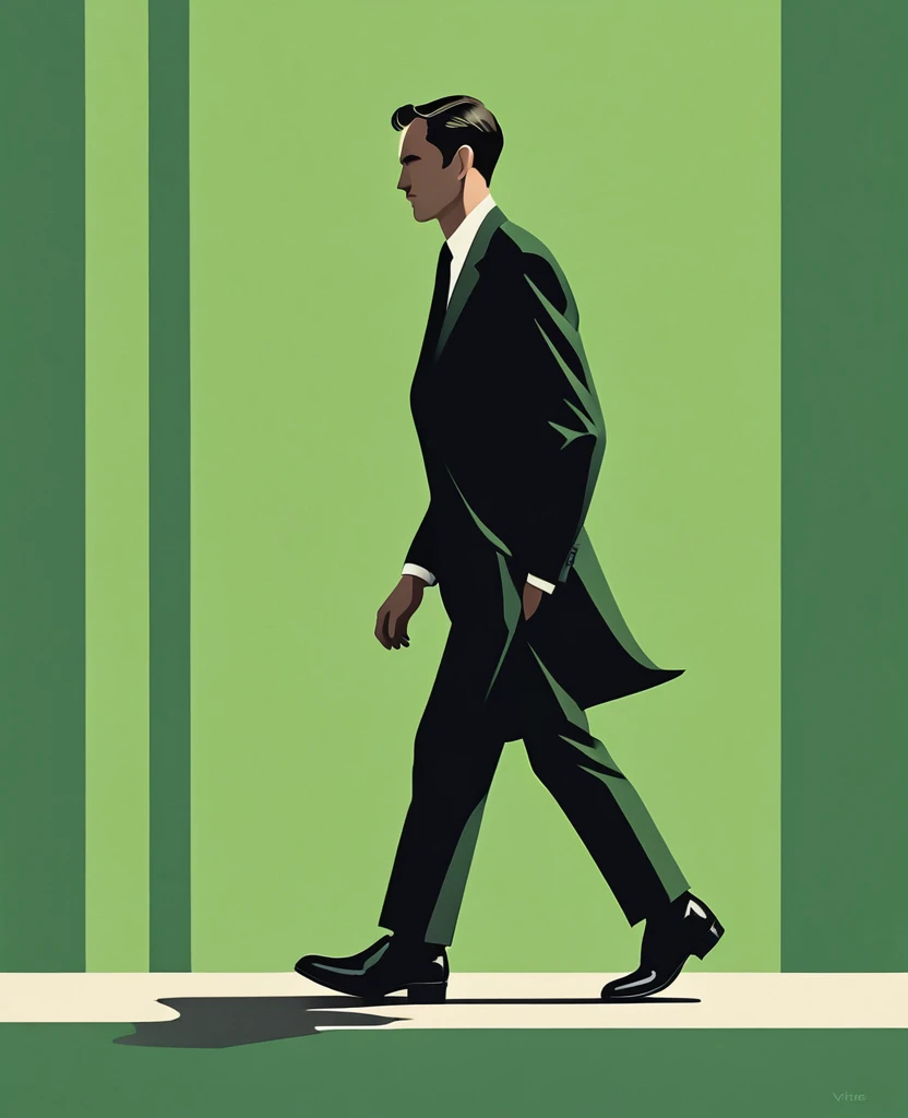 An vector illustration of an elegant man walking, seen from the side, his shadow reflected on a green background, using simple shapes, in a minimalistic style, using only black and dark gray colors, in the style of John Holcroft for an Aesthetic Abstract poster designed by Rie C. vibes, grainy texture, paper cutouts, muted color palette