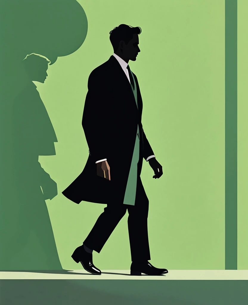 An vector illustration of an elegant man walking, seen from the side, his shadow reflected on a green background, using simple shapes, in a minimalistic style, using only black and dark gray colors, in the style of John Holcroft for an Aesthetic Abstract poster designed by Rie C. vibes, grainy texture, paper cutouts, muted color palette