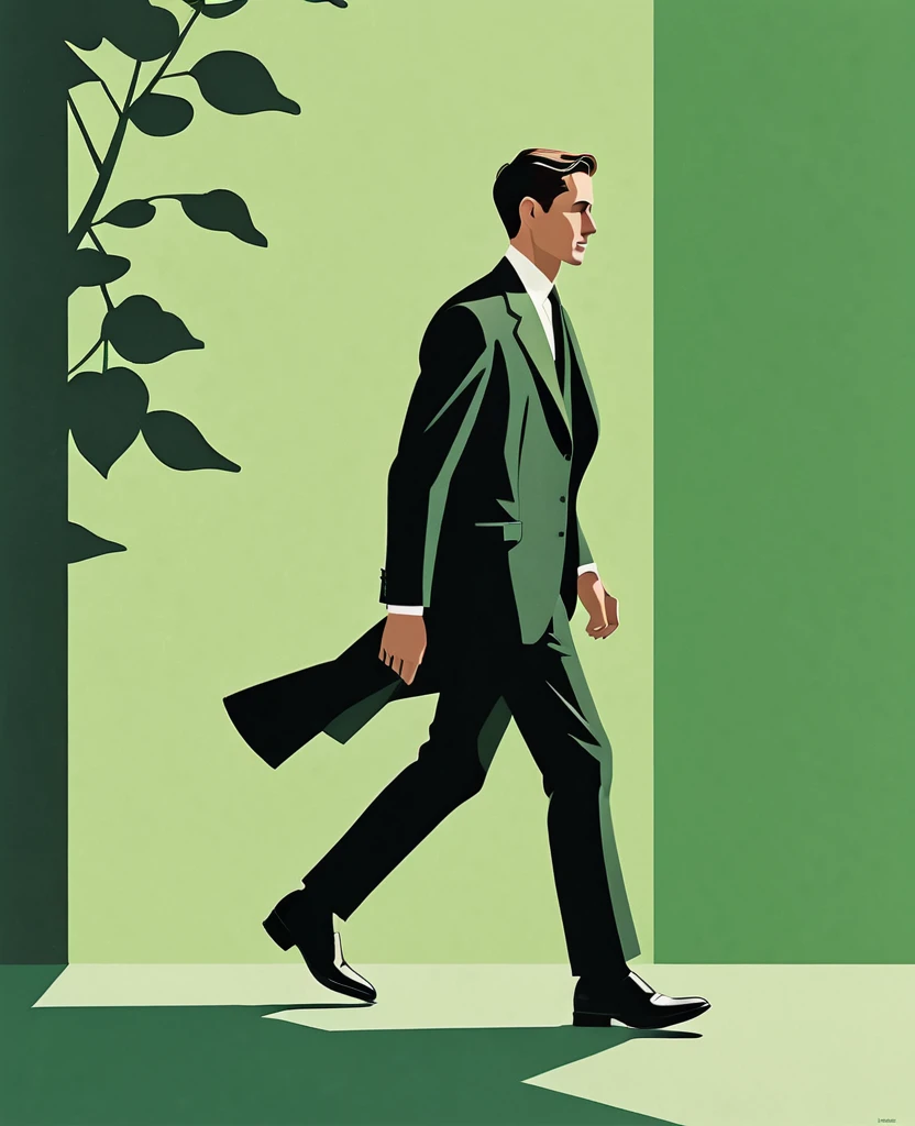 An vector illustration of an elegant man walking, seen from the side, his shadow reflected on a green background, using simple shapes, in a minimalistic style, using only black and dark gray colors, in the style of John Holcroft for an Aesthetic Abstract poster designed by Rie C. vibes, grainy texture, paper cutouts, muted color palette